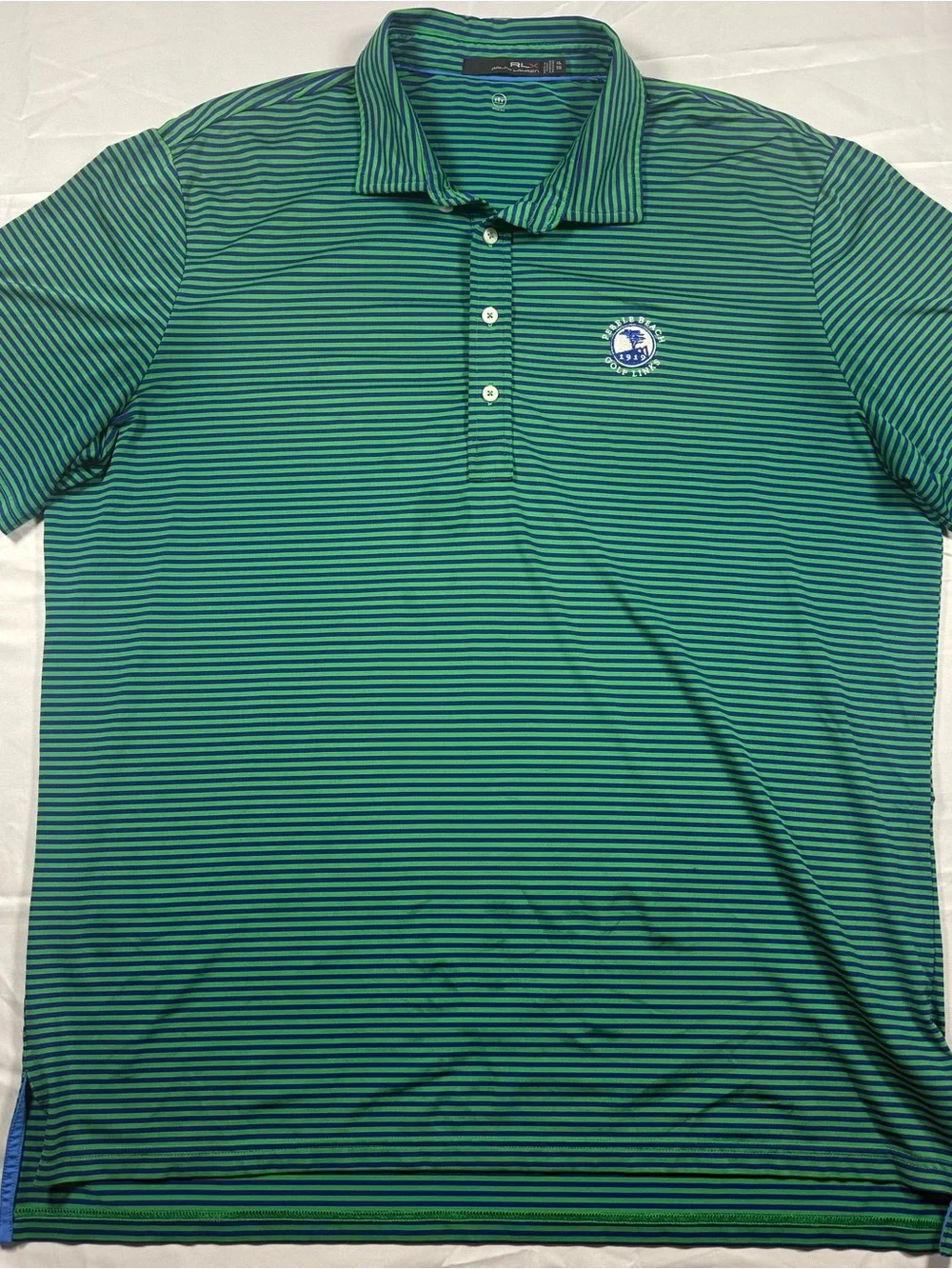 Ralph Lauren RLX Green and Blue Striped Pebble Beach Performance Polo - XL/TG